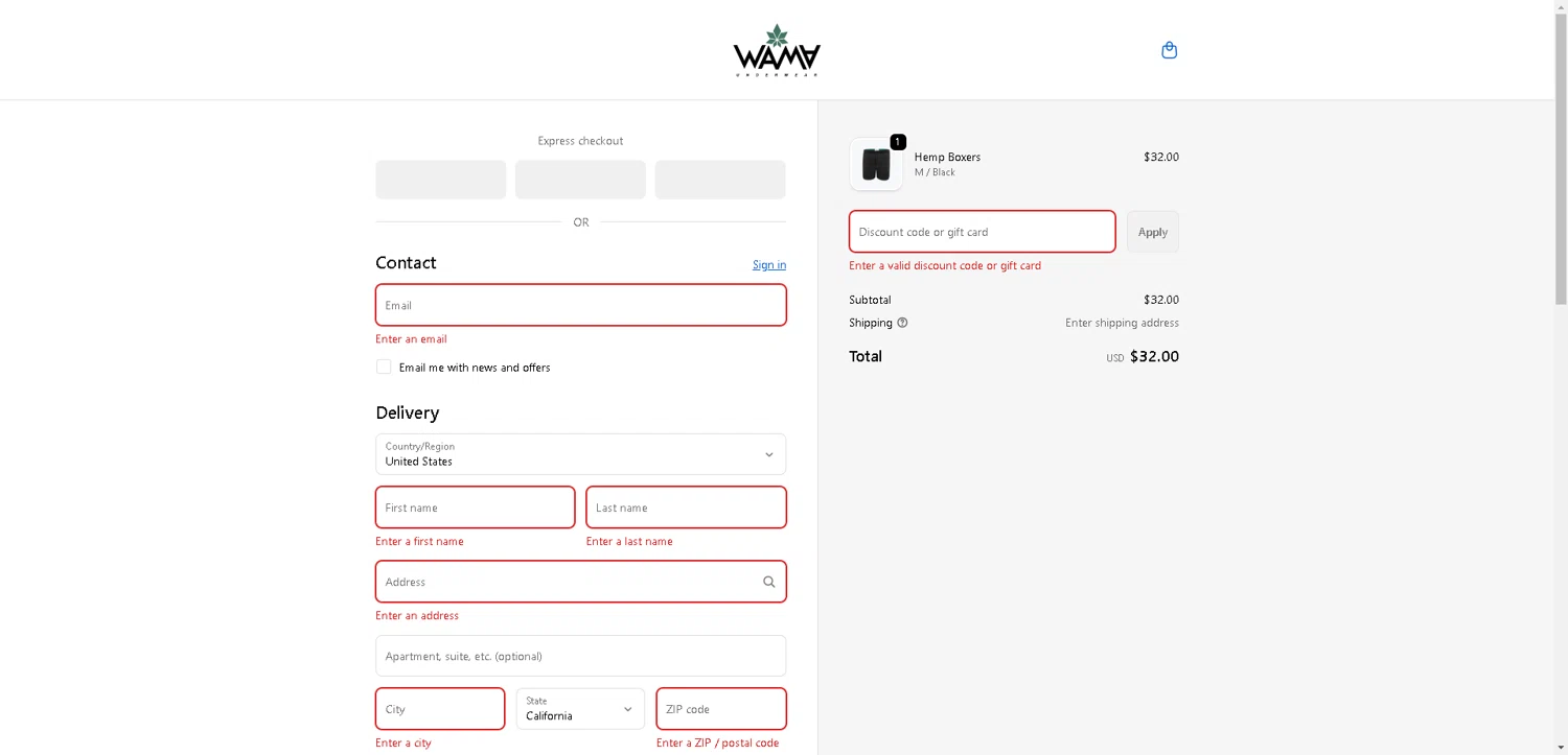 WAMA Underwear discount code screenshot showing code WAMAIG-7GJZ applied at WAMA Underwear checkout page. Uploaded by SimplyCodes community member SwiftLynx7415 on Oct 1, 2025