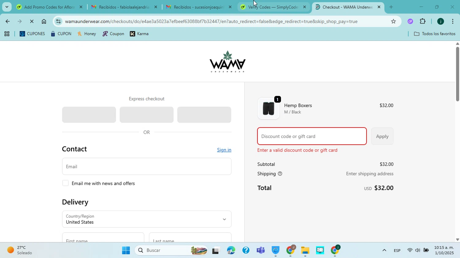 WAMA Underwear discount code screenshot showing code WAMAIG-7GJZ applied at WAMA Underwear checkout page. Uploaded by SimplyCodes community member jorgejavierherrera on Oct 1, 2025