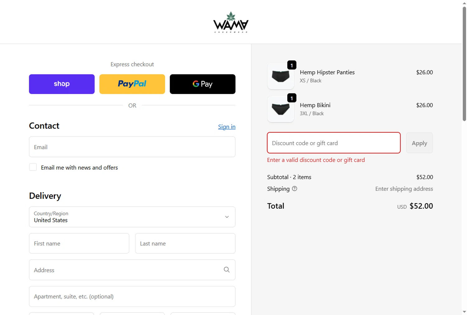 WAMA Underwear discount code screenshot showing code WAMAIG-37W2 applied at WAMA Underwear checkout page. Uploaded by SimplyCodes community member Alejandra10 on Nov 27, 2025
