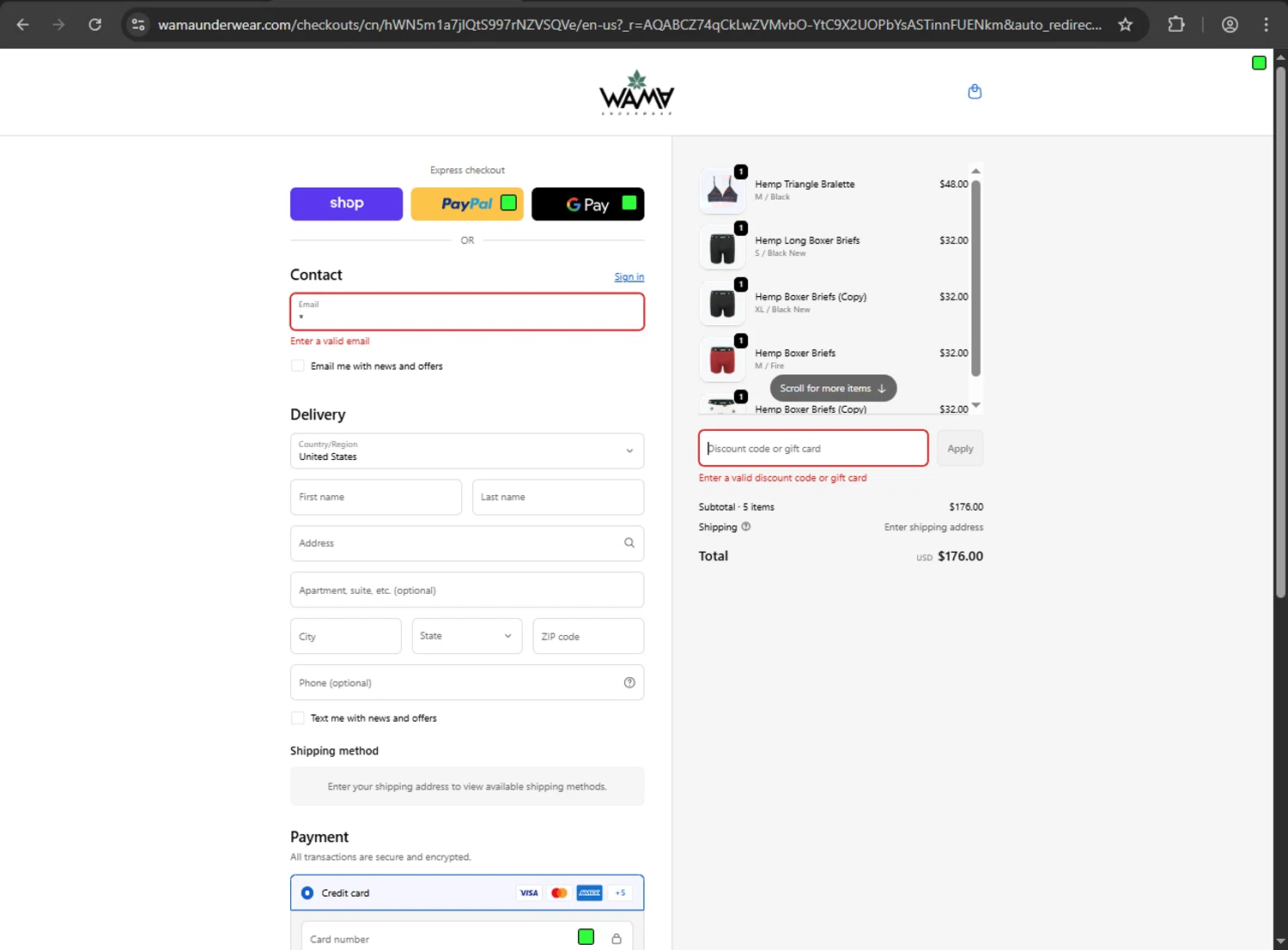 WAMA Underwear discount code screenshot showing code WAMAIG-37W2 applied at WAMA Underwear checkout page. Uploaded by SimplyCodes community member MRDEAL on Nov 27, 2025