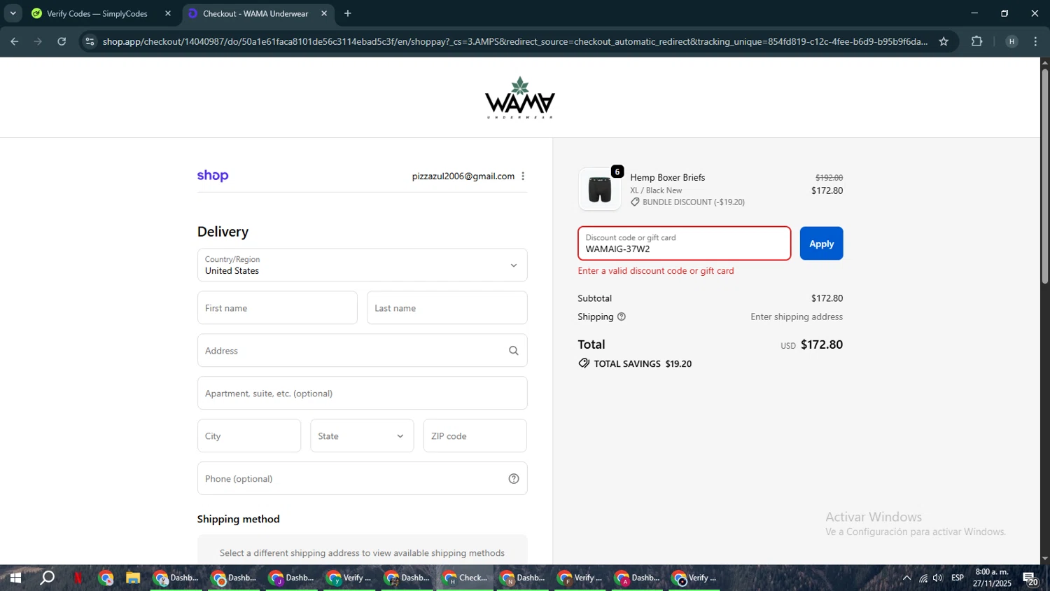 WAMA Underwear discount code screenshot showing code WAMAIG-37W2 applied at WAMA Underwear checkout page. Uploaded by SimplyCodes community member YAMAHA on Nov 27, 2025