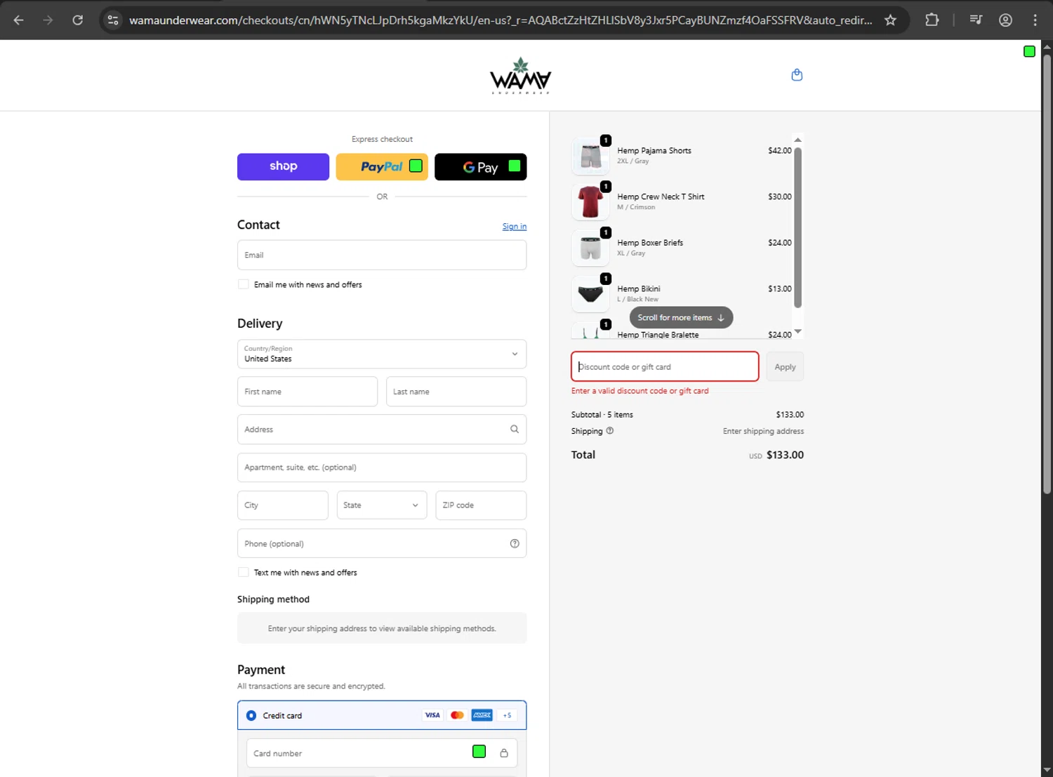 WAMA Underwear discount code screenshot showing code SAM18486 applied at WAMA Underwear checkout page. Uploaded by SimplyCodes community member CouponHawk7847 on Dec 2, 2025