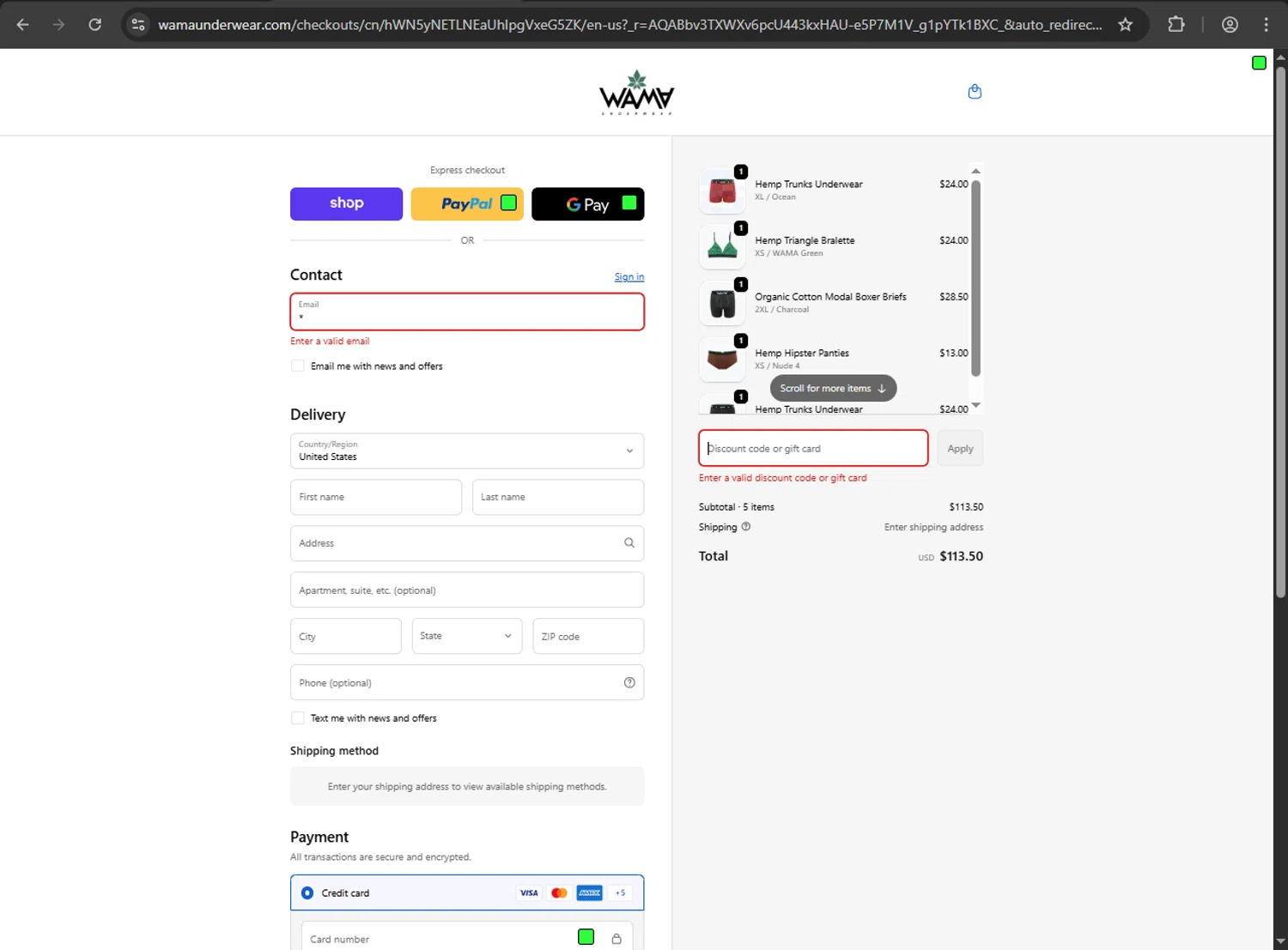 WAMA Underwear discount code screenshot showing code SAM18486 applied at WAMA Underwear checkout page. Uploaded by SimplyCodes community member nikelson on Dec 2, 2025