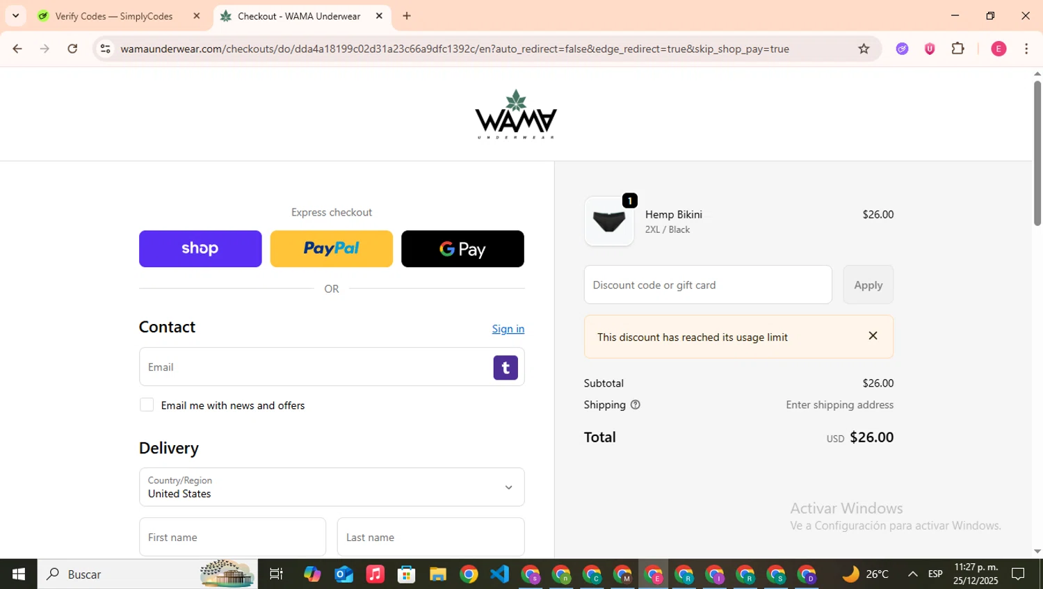 WAMA Underwear discount code screenshot showing code WAMAIG-GW24 applied at WAMA Underwear checkout page. Uploaded by SimplyCodes community member CouponHero7312 on Dec 26, 2025