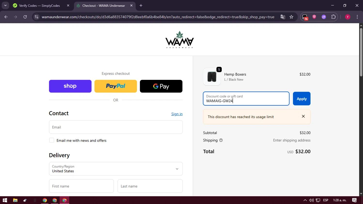 WAMA Underwear discount code screenshot showing code WAMAIG-GW24 applied at WAMA Underwear checkout page. Uploaded by SimplyCodes community member ValiantFox2134 on Dec 26, 2025