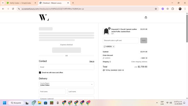 Wanan Luxury checkout page showing Wanan Luxury discount code box | Screenshot taken by SimplyCodes community member on Sep 12, 2025