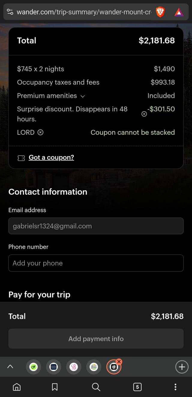 Wander checkout page showing Wander discount code box | Screenshot taken by SimplyCodes community member on Apr 13, 2025