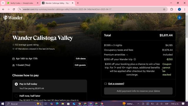 Wander checkout page showing Wander discount code box | Screenshot taken by SimplyCodes community member on Mar 3, 2025