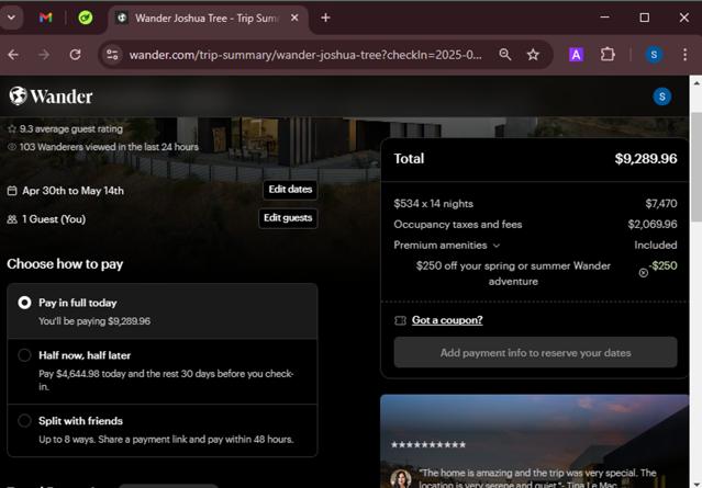 Wander checkout page showing Wander discount code box | Screenshot taken by SimplyCodes community member on Mar 3, 2025