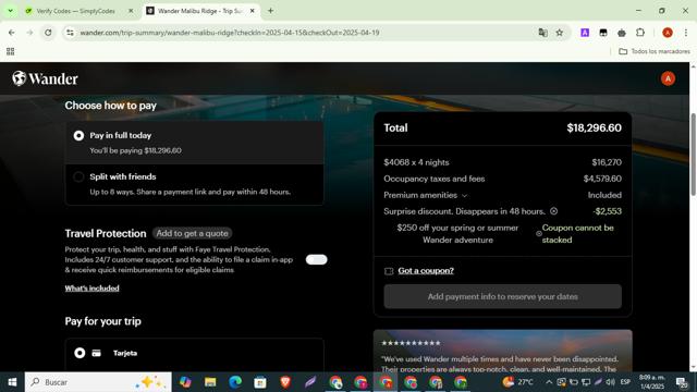Wander checkout page showing Wander discount code box | Screenshot taken by SimplyCodes community member on Apr 1, 2025