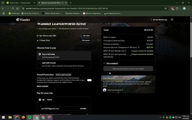 Wander checkout page showing Wander discount code box | Screenshot taken by SimplyCodes community member on Apr 9, 2025