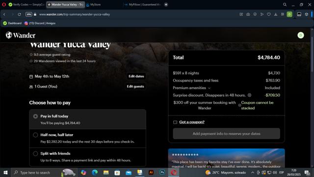 Wander checkout page showing Wander discount code box | Screenshot taken by SimplyCodes community member on Mar 26, 2025