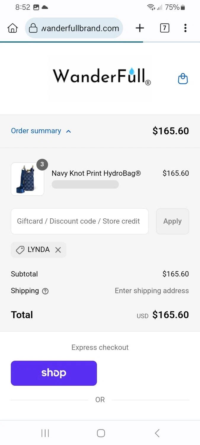 WanderFull discount code screenshot showing code LYNDA applied at WanderFull checkout page. Uploaded by SimplyCodes community member ScanMaverick9378 on Sep 2, 2025