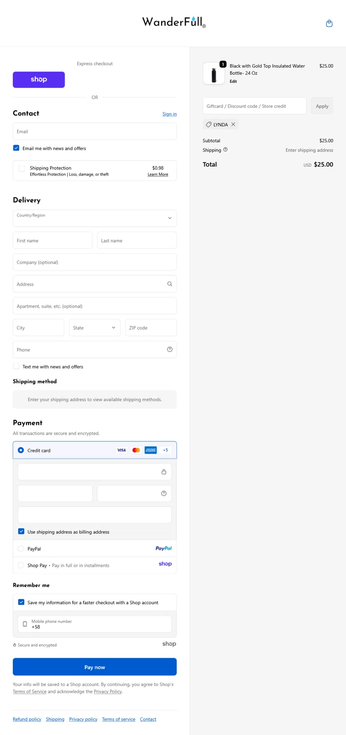 WanderFull discount code screenshot showing code LYNDA applied at WanderFull checkout page. Uploaded by SimplyCodes community member WladimirV on Nov 4, 2025