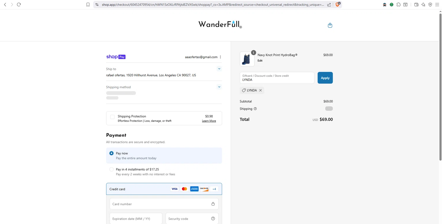 WanderFull discount code screenshot showing code LYNDA applied at WanderFull checkout page. Uploaded by SimplyCodes community member dayselis15 on Jul 27, 2025