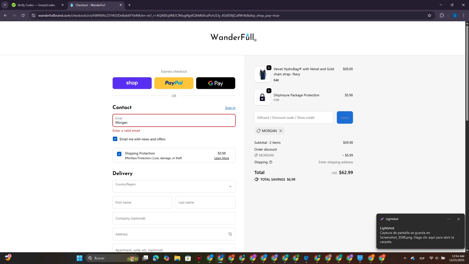 WanderFull discount code screenshot showing code Morgan applied at WanderFull checkout page. Uploaded by SimplyCodes community member CrownElite7615 on Dec 21, 2025