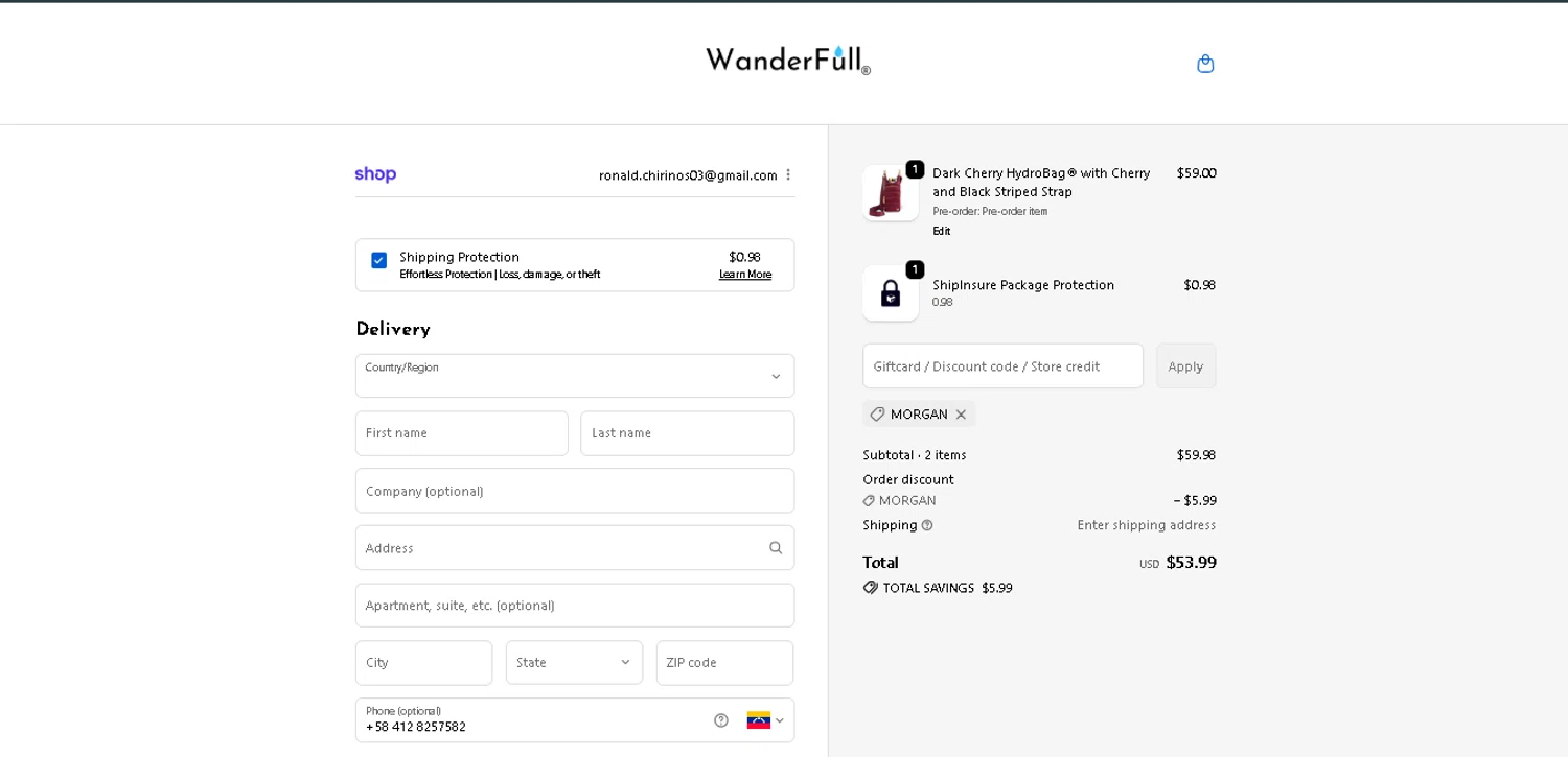 WanderFull discount code screenshot showing code Morgan applied at WanderFull checkout page. Uploaded by SimplyCodes community member GoldAce6962 on Nov 25, 2025