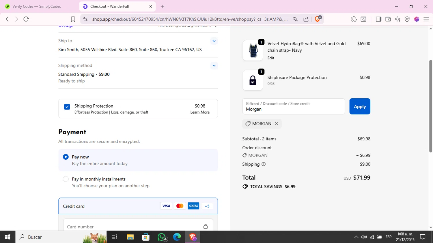 WanderFull discount code screenshot showing code Morgan applied at WanderFull checkout page. Uploaded by SimplyCodes community member KimChrista_ on Dec 21, 2025
