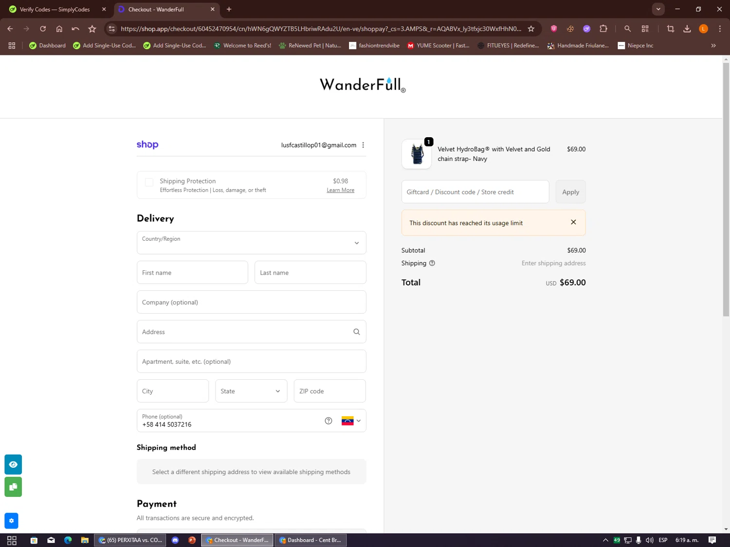 WanderFull discount code screenshot showing code WFF3G9BPG applied at WanderFull checkout page. Uploaded by SimplyCodes community member Alalee on Dec 21, 2025