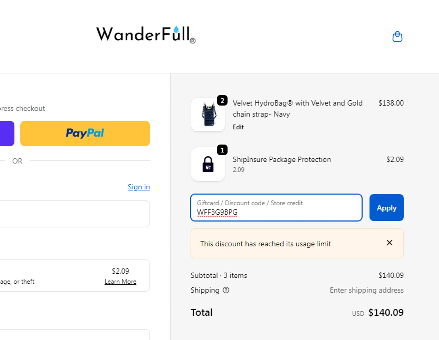 WanderFull discount code screenshot showing code WFF3G9BPG applied at WanderFull checkout page. Uploaded by SimplyCodes community member SavingsNavigator7692 on Dec 21, 2025