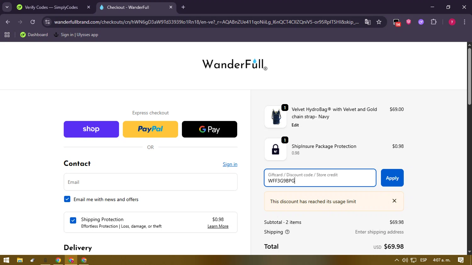 WanderFull discount code screenshot showing code WFF3G9BPG applied at WanderFull checkout page. Uploaded by SimplyCodes community member ValiantFox2134 on Dec 21, 2025