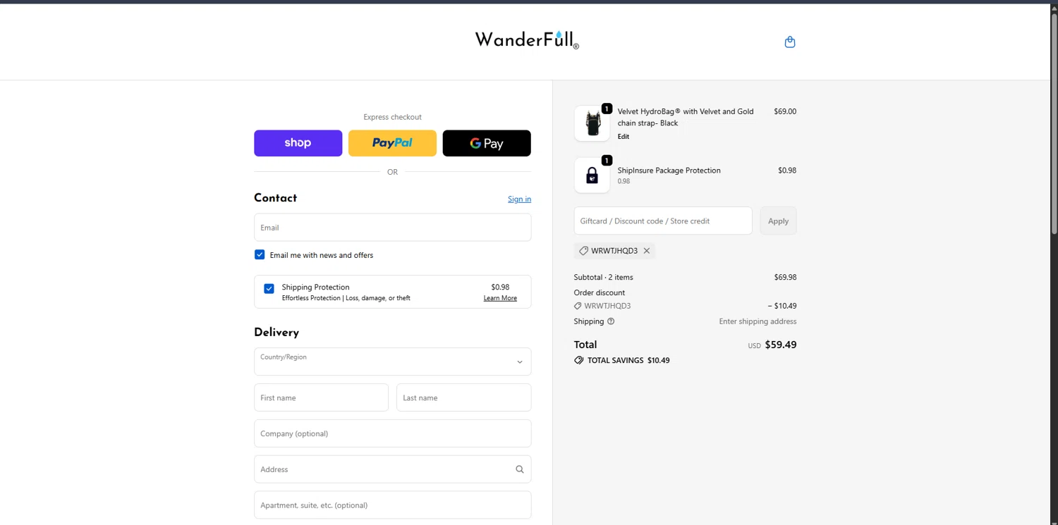 WanderFull checkout page showing WanderFull discount code box | Screenshot taken by SimplyCodes community member on Jan 1, 2026