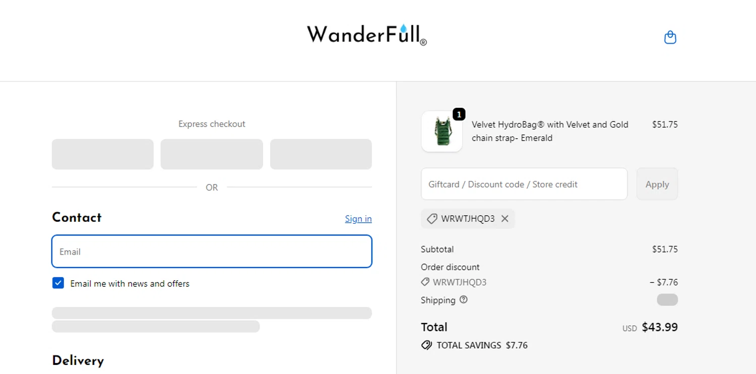 WanderFull discount code screenshot showing code WRWTJHQD3 applied at WanderFull checkout page. Uploaded by SimplyCodes community member Alofoke on Jan 1, 2026