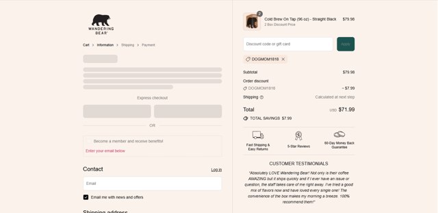 Wandering Bear checkout page showing Wandering Bear discount code box | Screenshot taken by SimplyCodes community member on Sep 4, 2025