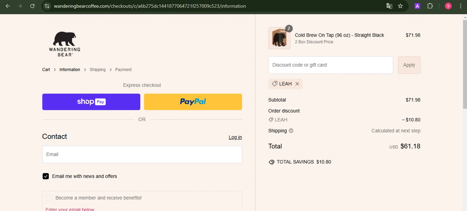 where to use Wandering Bear promo code box