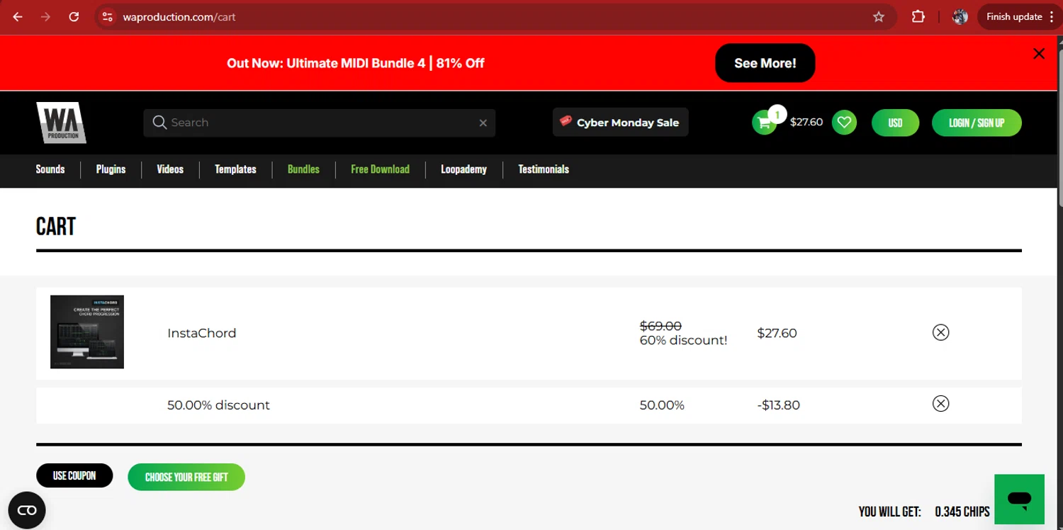 W. A. Production promo code screenshot showing code WAWIns applied at W. A. Production checkout page. Uploaded by SimplyCodes community member kimberlinmartinez on Dec 5, 2025