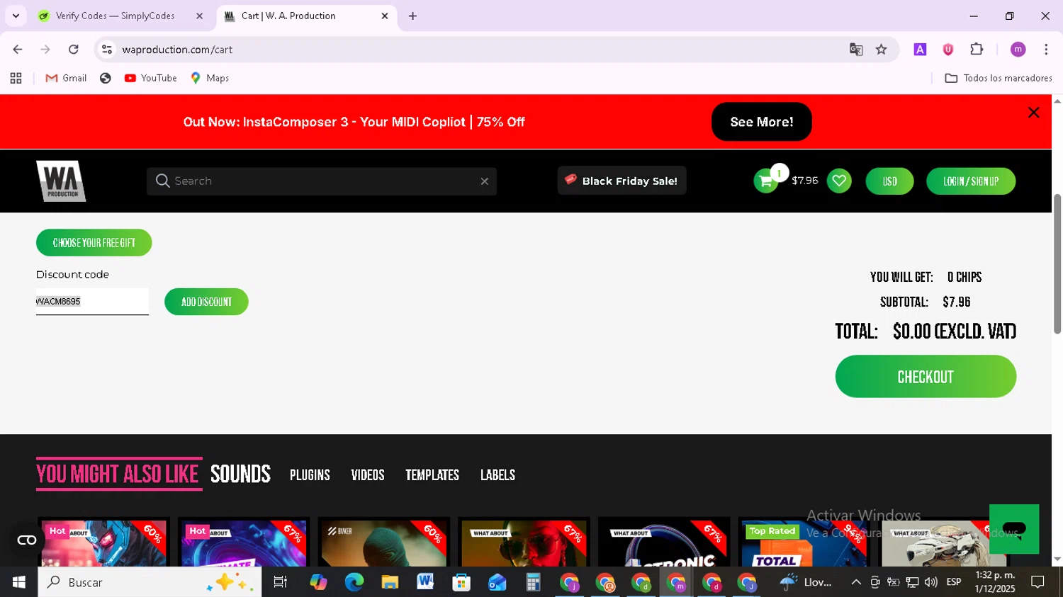 W. A. Production promo code screenshot showing code WACM8695 applied at W. A. Production checkout page. Uploaded by SimplyCodes community member BudgetMonarch8952 on Dec 1, 2025