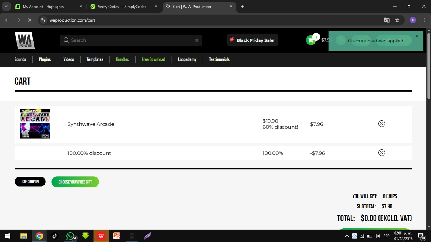 W. A. Production promo code screenshot showing code WACM8695 applied at W. A. Production checkout page. Uploaded by SimplyCodes community member germaryghernndezrodr on Dec 1, 2025