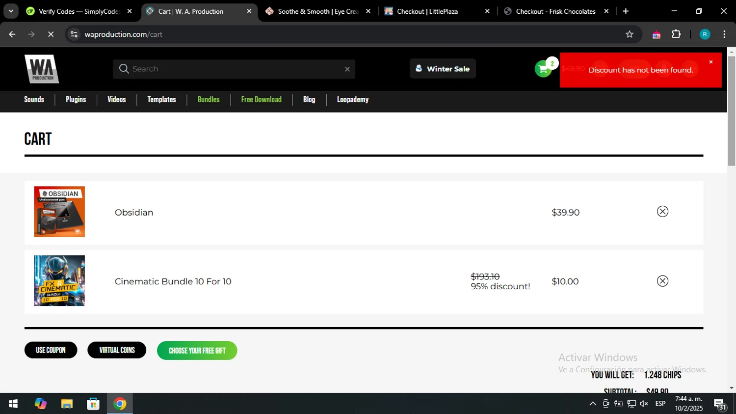 W. A. Production promo code screenshot showing code 60%discount! applied at W. A. Production checkout page. Uploaded by SimplyCodes community member CashWizard4502 on Feb 10, 2025