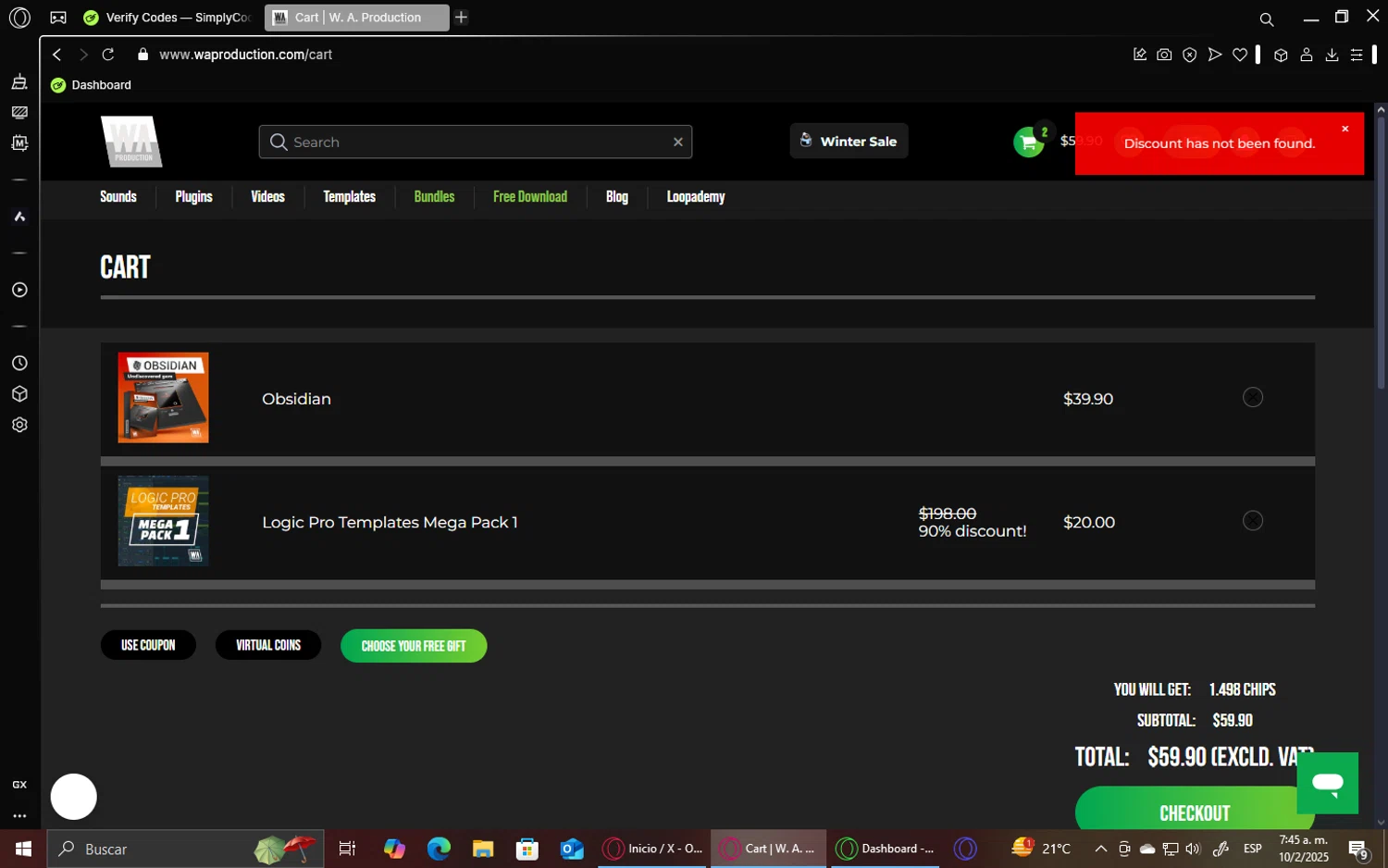 W. A. Production promo code screenshot showing code 60%discount! applied at W. A. Production checkout page. Uploaded by SimplyCodes community member ShieldVirtuoso1197 on Feb 10, 2025