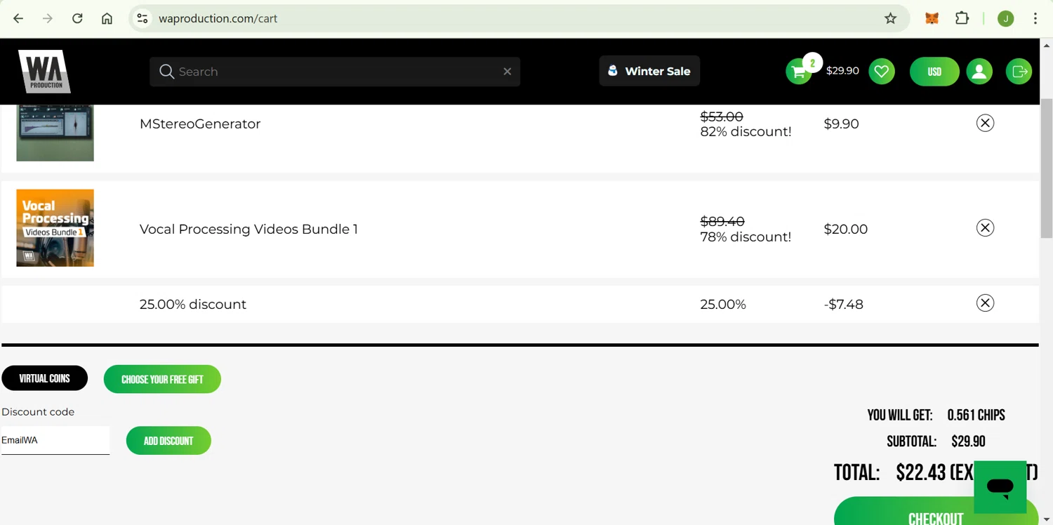 W. A. Production promo code screenshot showing code EmailWA applied at W. A. Production checkout page. Uploaded by SimplyCodes community member ShrewdChaser7973 on Jan 25, 2025