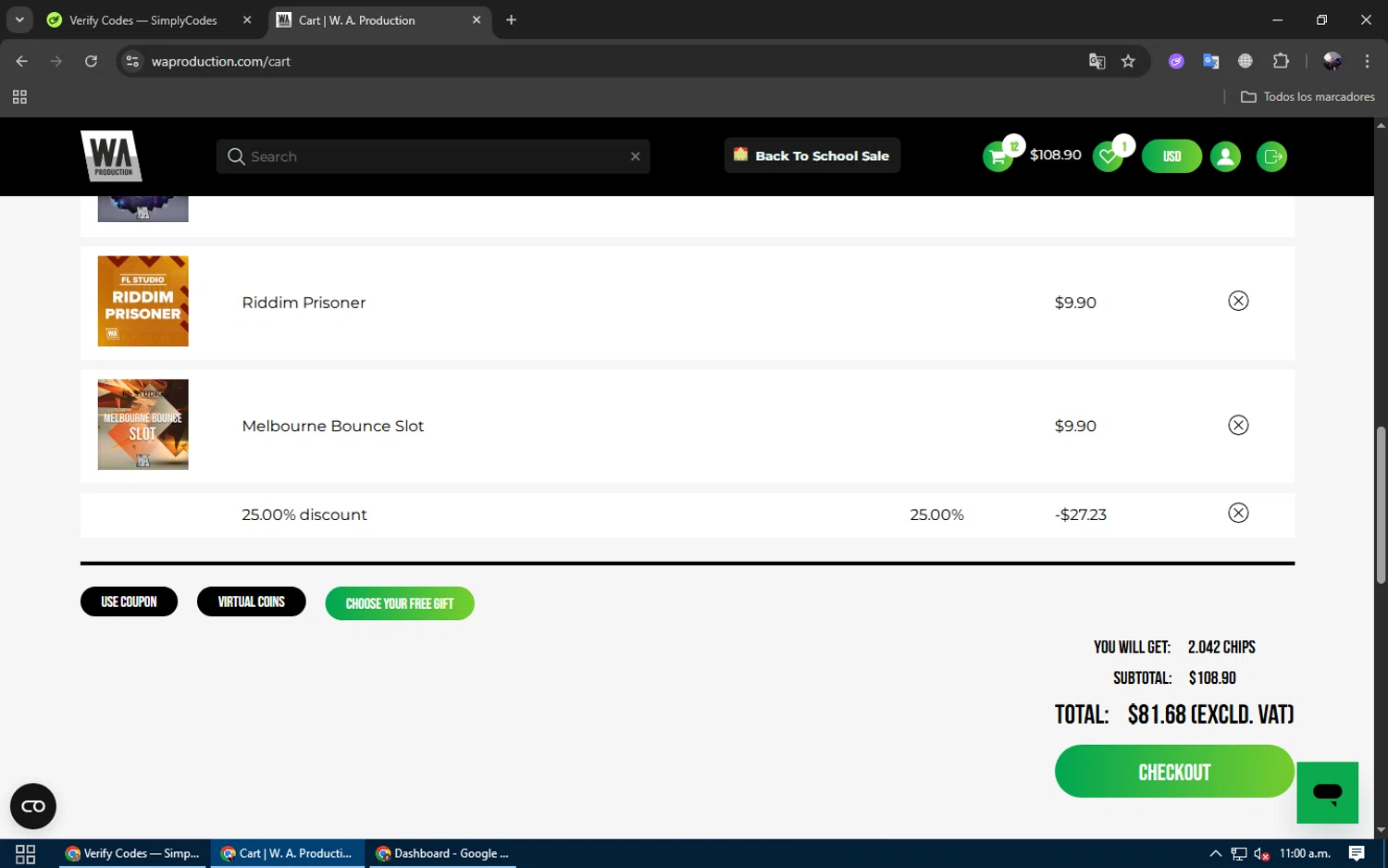 W. A. Production promo code screenshot showing code EmailWA applied at W. A. Production checkout page. Uploaded by SimplyCodes community member gremirhernandez on Oct 25, 2025