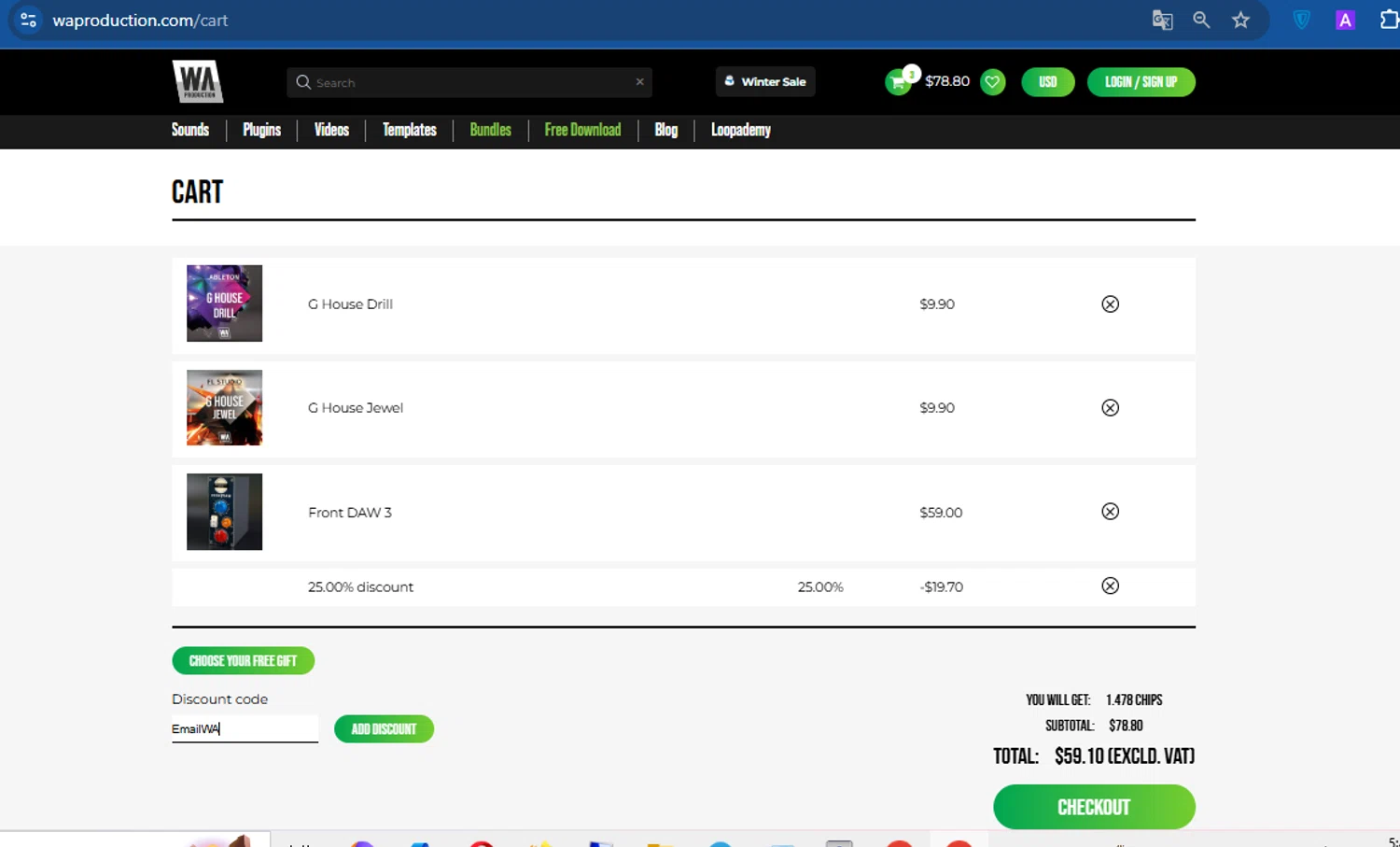 W. A. Production promo code screenshot showing code EmailWA applied at W. A. Production checkout page. Uploaded by SimplyCodes community member ivanguere on Feb 6, 2025