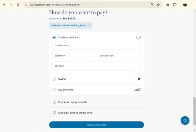 Warby Parker checkout page showing Warby Parker promo code box | Screenshot taken by SimplyCodes community member on May 28, 2024