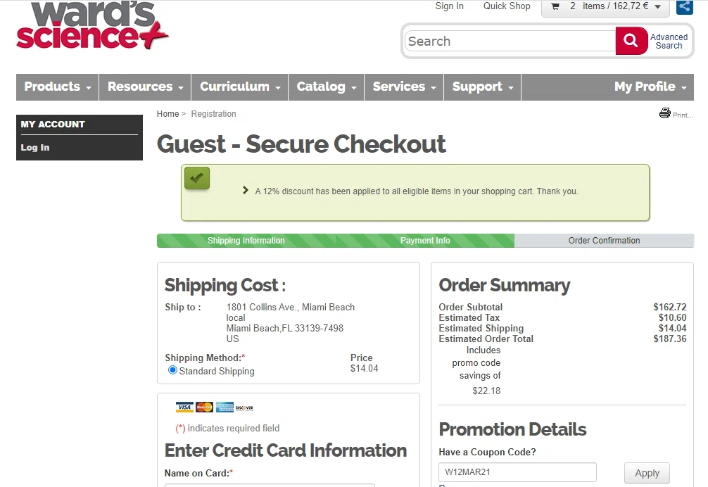 Ward's Science checkout page showing Ward's Science promo code box | Screenshot taken by SimplyCodes community member on Mar 22, 2021