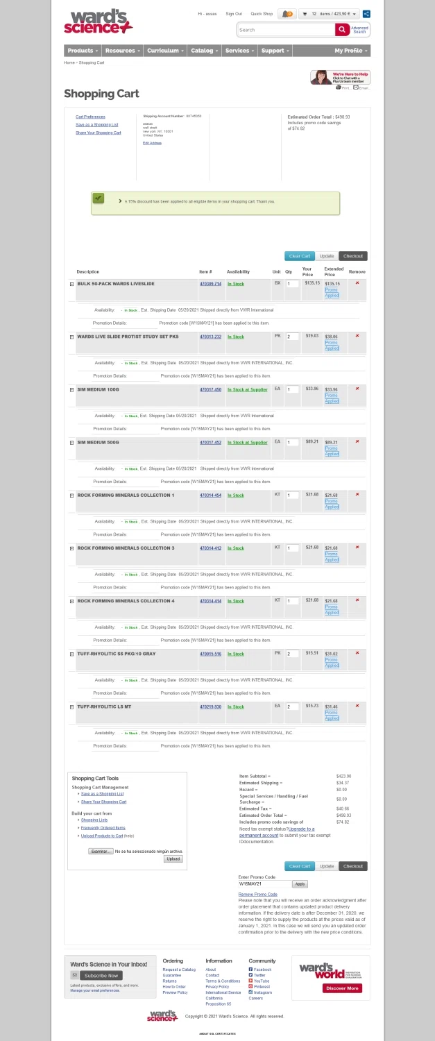 Ward's Science checkout page showing Ward's Science promo code box | Screenshot taken by SimplyCodes community member on May 20, 2021