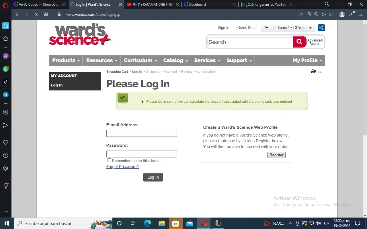 Ward's Science checkout page showing Ward's Science promo code box | Screenshot taken by SimplyCodes community member on Dec 15, 2022