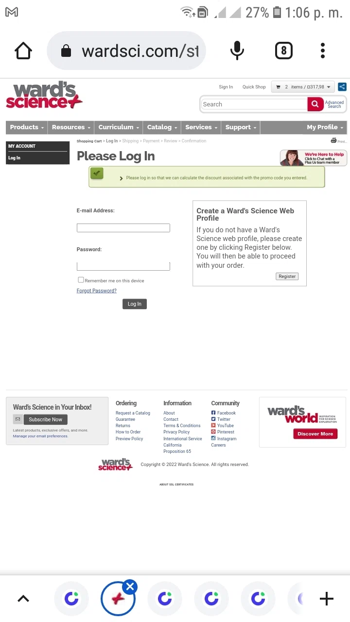 Ward's Science checkout page showing Ward's Science promo code box | Screenshot taken by SimplyCodes community member on Nov 18, 2022