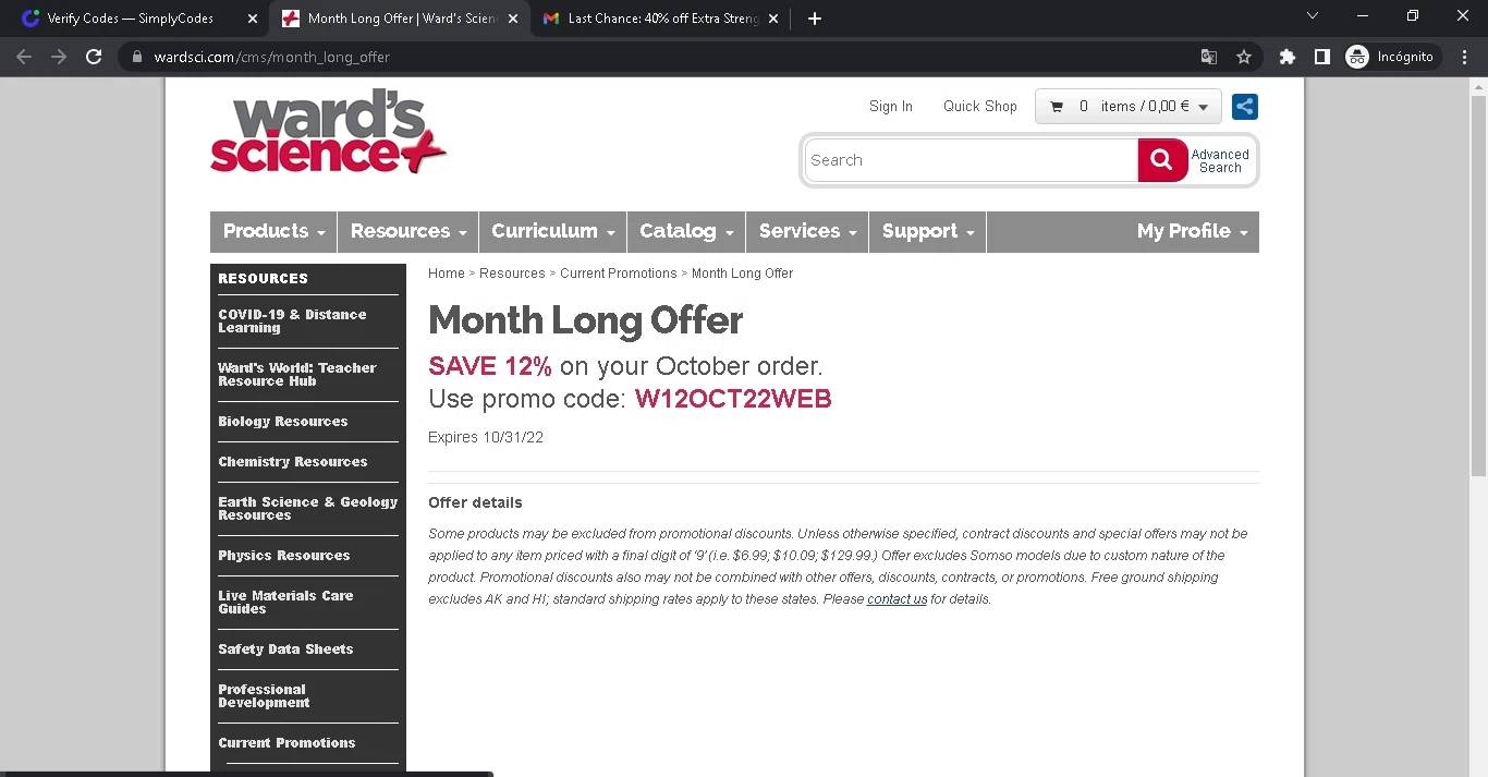 Ward's Science checkout page showing Ward's Science promo code box | Screenshot taken by SimplyCodes community member on Oct 3, 2022