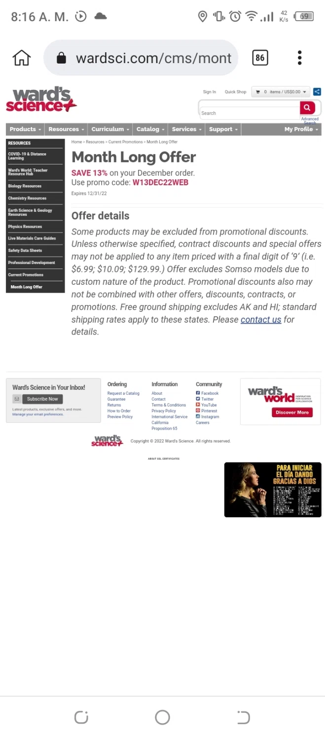 Ward's Science checkout page showing Ward's Science promo code box | Screenshot taken by SimplyCodes community member on Dec 29, 2022