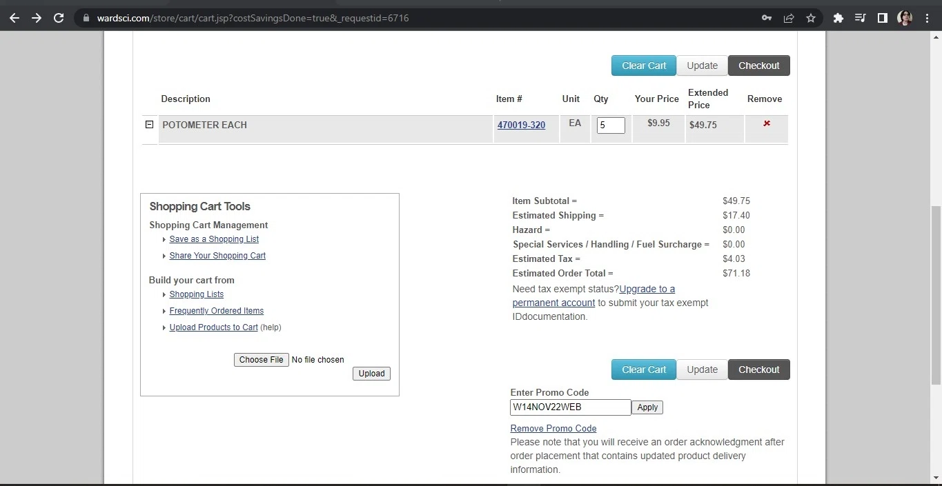 Ward's Science checkout page showing Ward's Science promo code box | Screenshot taken by SimplyCodes community member on Jan 13, 2023