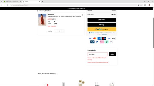 Warehouse Fashion checkout page showing Warehouse Fashion discount code box | Screenshot taken by SimplyCodes community member on Jul 30, 2025