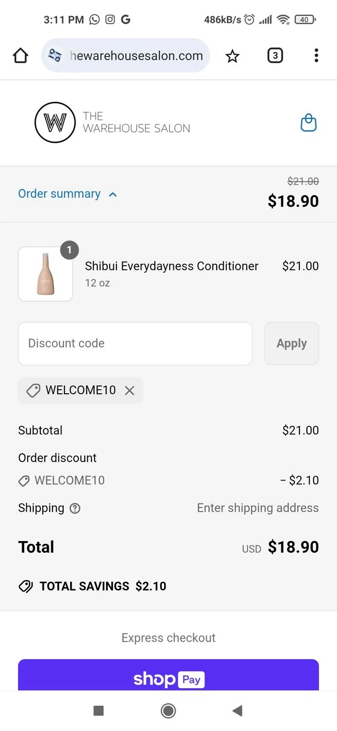 The Warehouse Salon coupon code screenshot showing code WELCOME10 applied at The Warehouse Salon checkout page. Uploaded by SimplyCodes community member Piolin on Jun 17, 2025