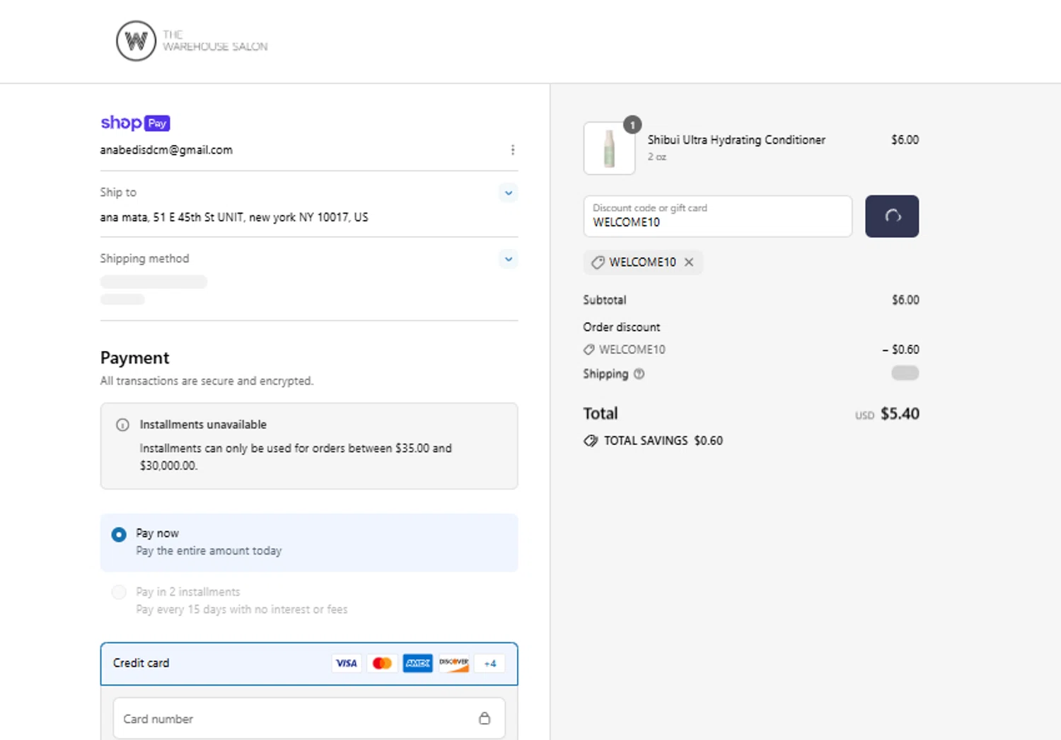 The Warehouse Salon coupon code screenshot showing code WELCOME10 applied at The Warehouse Salon checkout page. Uploaded by SimplyCodes community member RebateWizard4874 on Jul 12, 2025