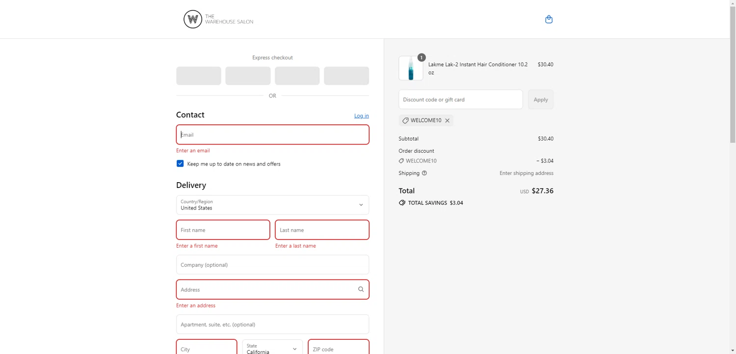 The Warehouse Salon coupon code screenshot showing code WELCOME10 applied at The Warehouse Salon checkout page. Uploaded by SimplyCodes community member ScanRanger3503 on Sep 2, 2025