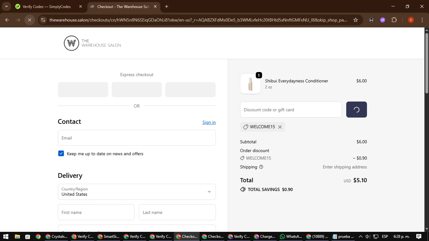 The Warehouse Salon coupon code screenshot showing code WELCOME15 applied at The Warehouse Salon checkout page. Uploaded by SimplyCodes community member CleverSpotter3730 on Nov 27, 2025